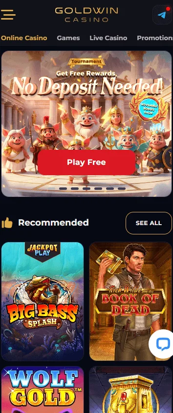 Goldwin Casino homepage on a mobile device