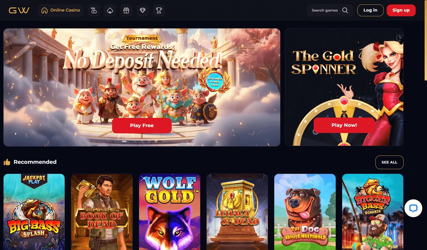 Goldwin Casino homepage on desktop